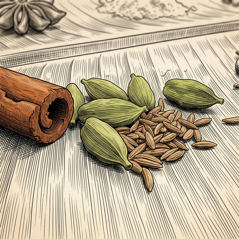Engraving of cardamom pods, cumin seeds and a cinnamon stick