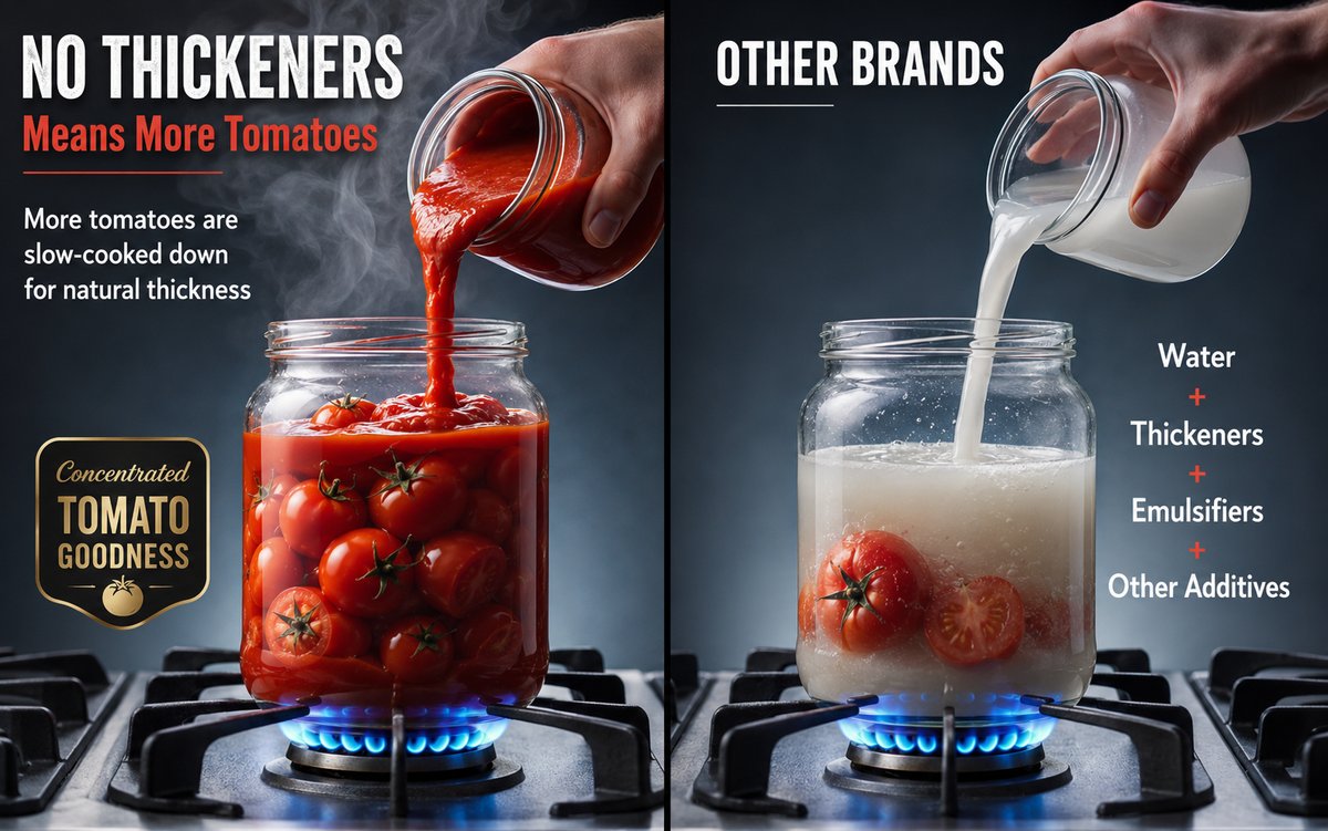 Side-by-side comparison: The True Tomato pours thick crushed tomatoes into a jar, while other brands pour water, thickeners, emulsifiers and other additives.