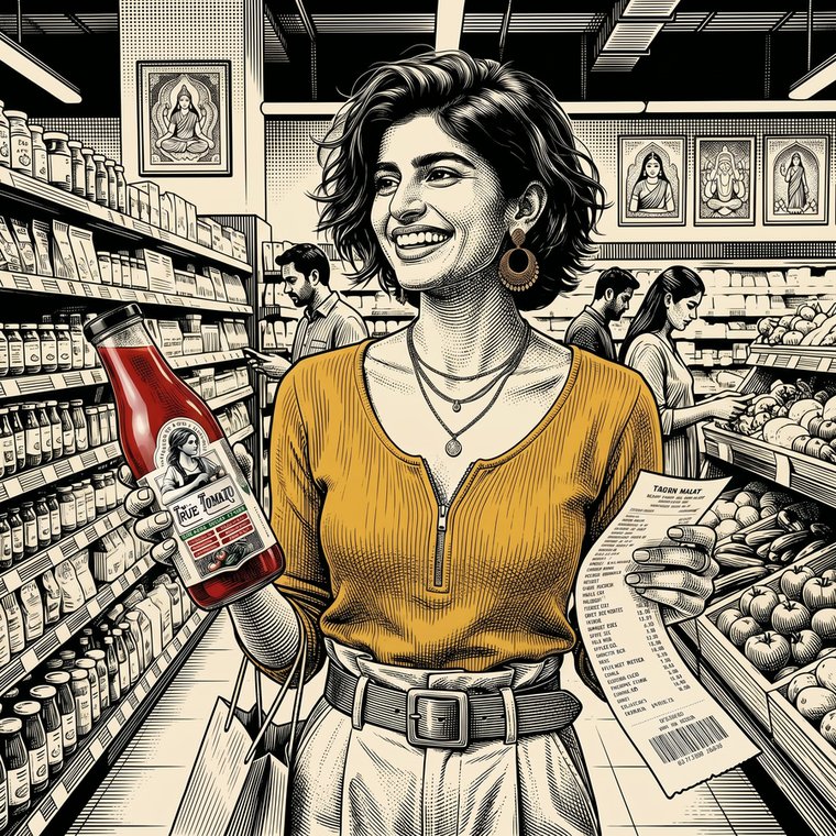 A smiling customer holding her bottle of The True Tomato with the order receipt