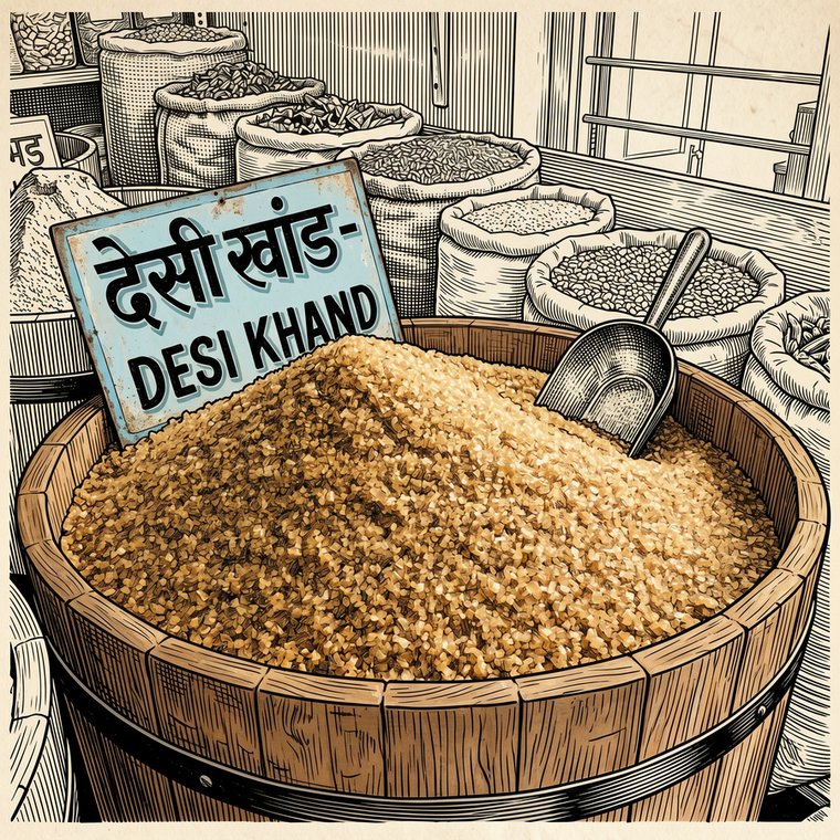 A wooden barrel full of golden desi khand with a scoop