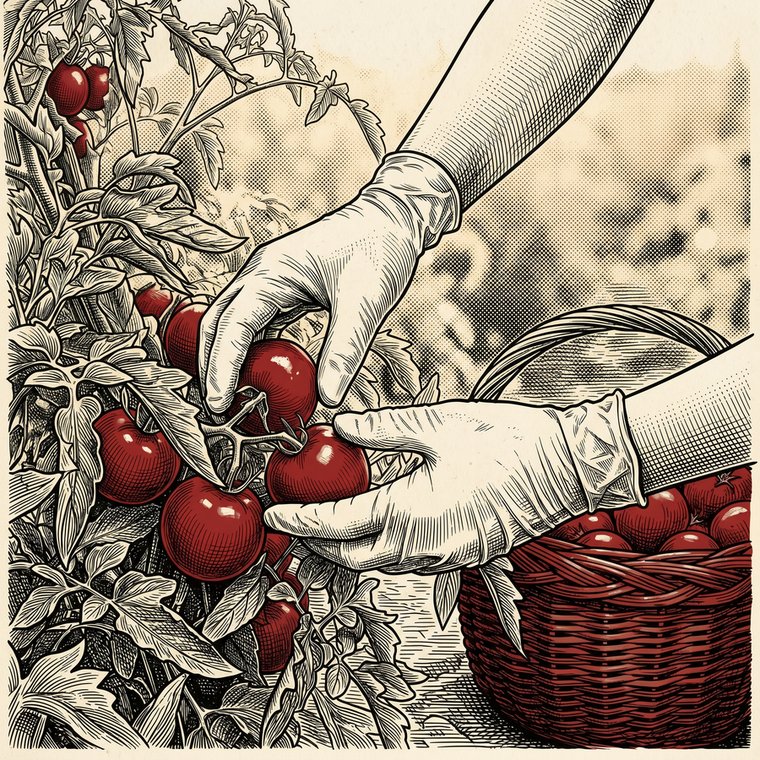 Engraving of hands picking ripe tomatoes from the vine