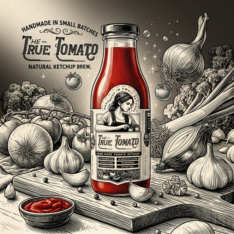 A bottle of The True Tomato surrounded by fresh onions, garlic and tomatoes